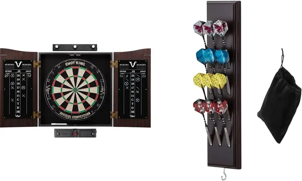 

Vault Cabinet & Shot King Sisal/Bristle Dartboard Ready-to-Play Bundle with Two Sets of Steel-Tip Darts, Throw Line, and Dry