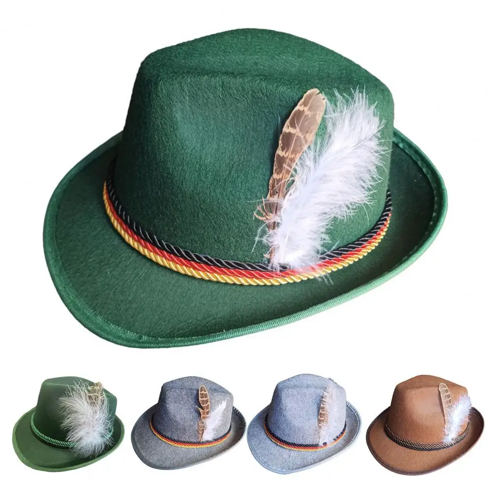 Men Dapper Gentleman Fedora Retro Formal Hat with Feather Rope Detail Curved Edge Design Solid Oktoberfest Party Bowler Cap