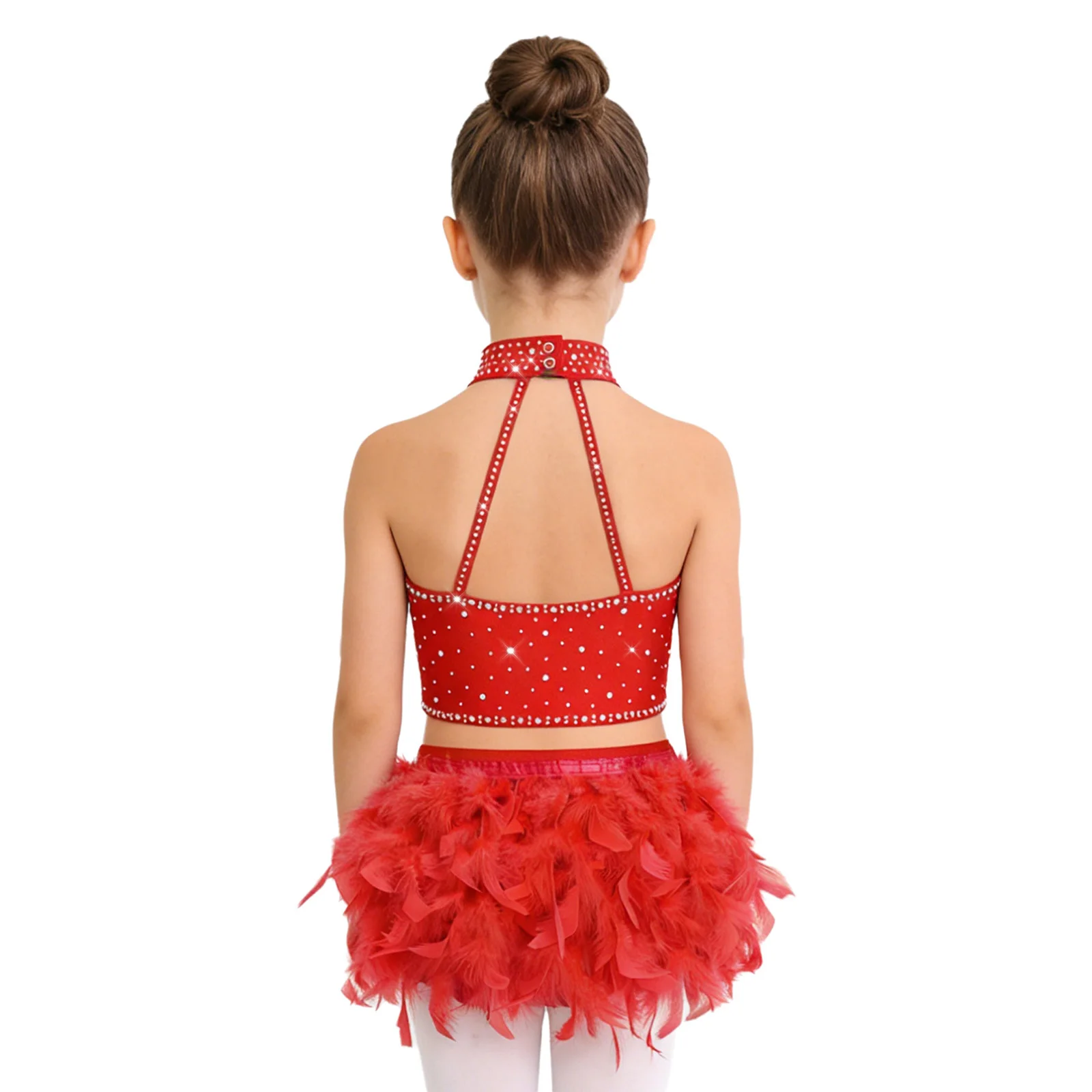 Kids Girls Latin Dance Outfit Halter Sleeveless Strappy Back Crop Top with Tassels Feather Skirt for Samba Rumba Cha-Cha Dance