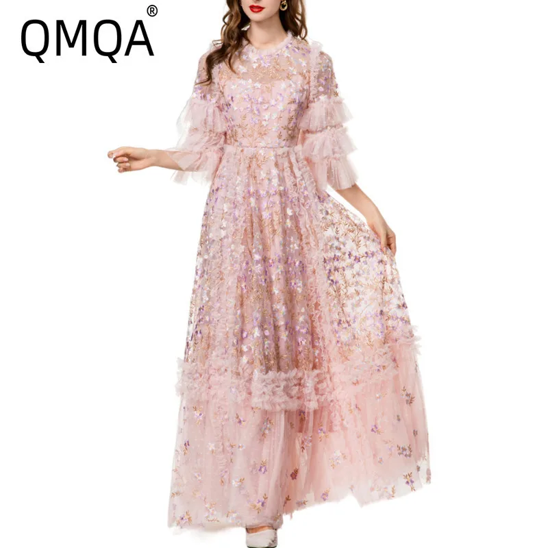 

QMQA Fashion Women's Elegant Dress Embroidery Pink Mid-Sleeve Layered Ruffle Dress Large Swing Evening Dresses 2025 New QM705