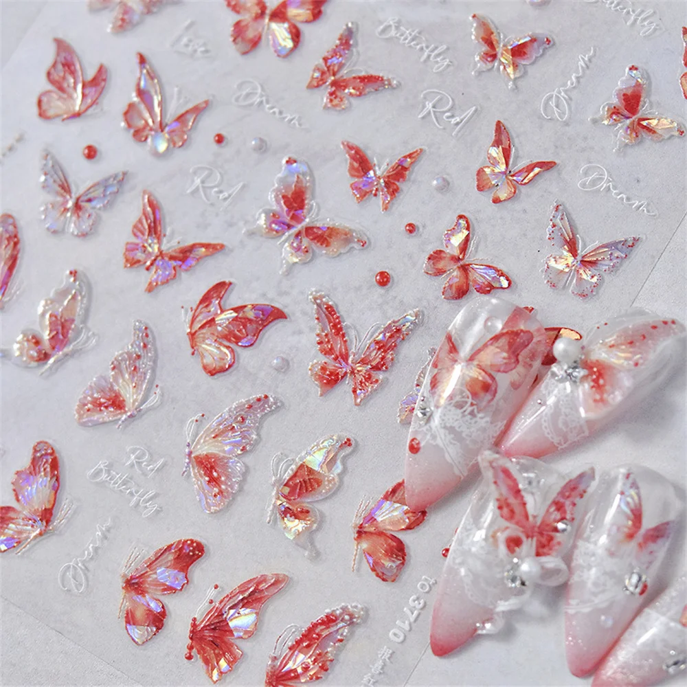 5D Brilhante Shell Aurora Borboleta Prego Adesivos, Red Nail Art Decoração Decalques, DIY Manicure Slider Folha, Alta Qualidade, Kawaii, 1Pc