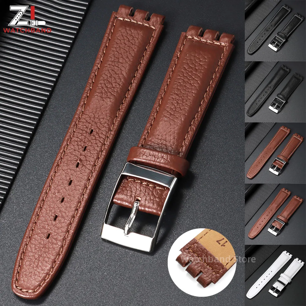 17mm Leather Watch Band for Swatch Watch Strap Genuine Cowhide Leather Bracelet for Women Men Replacement Calfskin Watch Belt