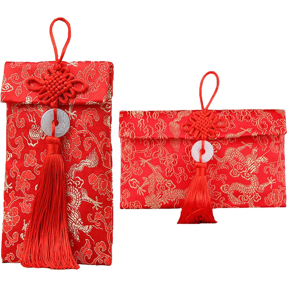 2pcs Classic Brocade Red Envelopes for Chinese New Year – Embroidered Silk Money Packets with Button Tassel Design