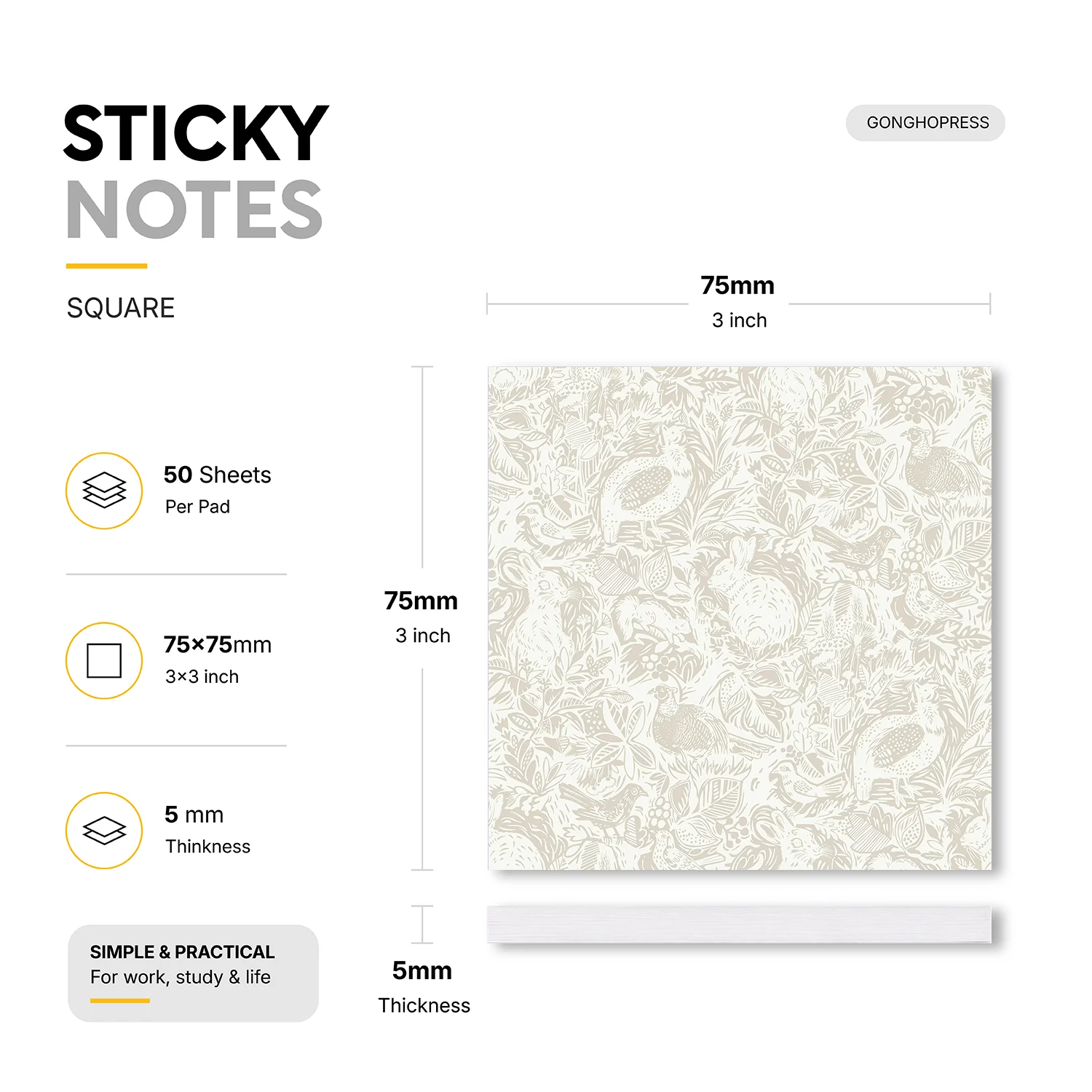 2 pcs Bird Floral Sticky Notes, 100 Sheets Total, Square Self Stick Notes, Decorative Memo Pads, Removable Adhesive Note Pads