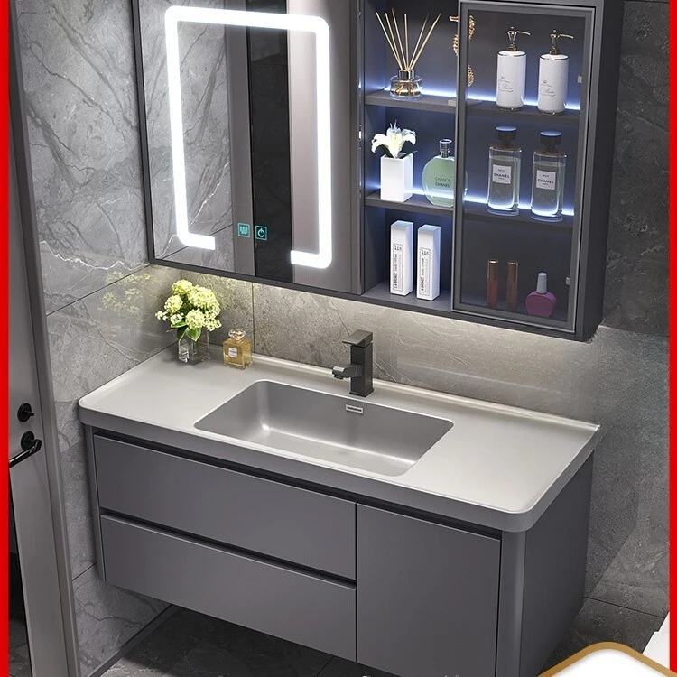 

Nano rock integrated basin bathroom cabinet combination light luxury solid wood bathroom washbasin hand wash face basin