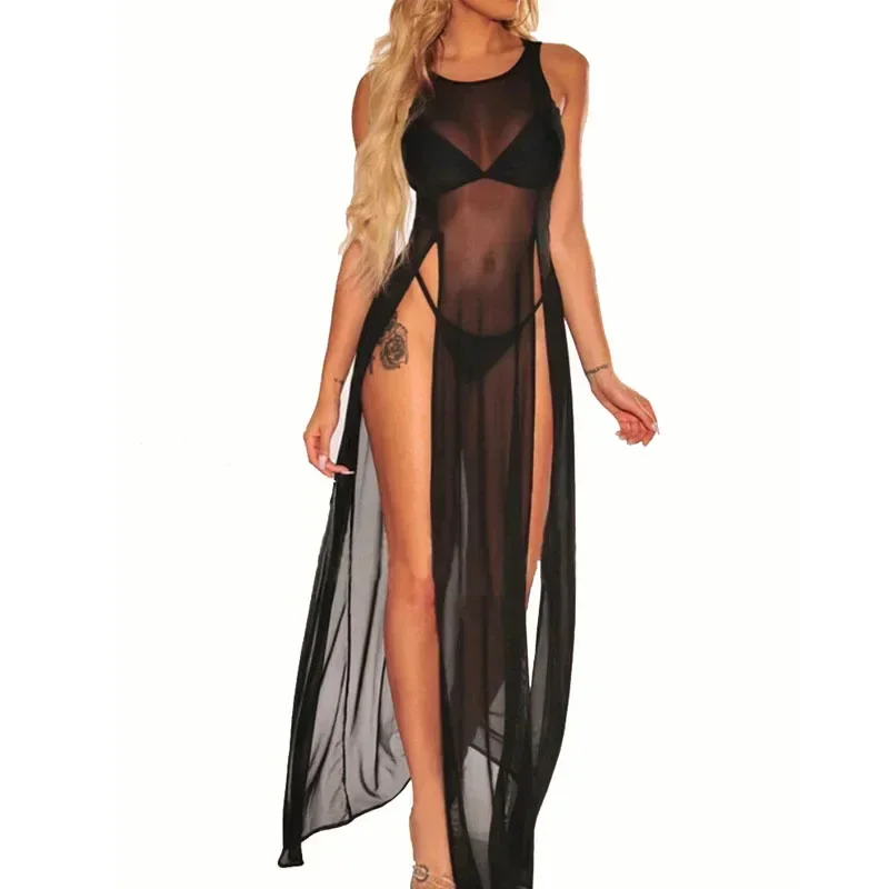 Top Fashion Transparent Sexy Split Long Sleeping Dress Super Elastic Multi-color Mesh Beach Skirt Women Nightgown Lingerie Dress