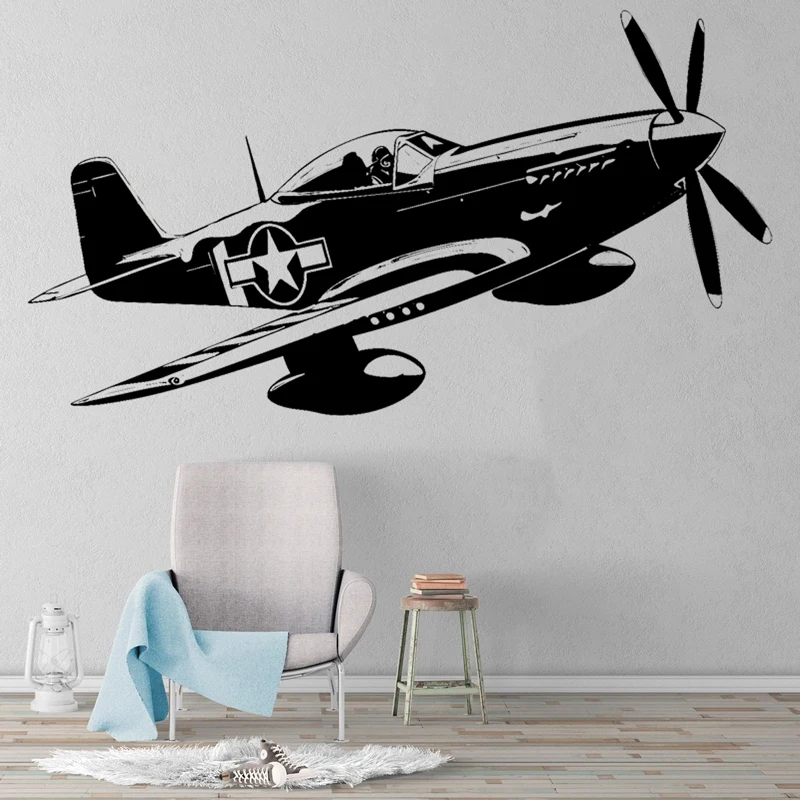 P-51 Fighter Plane Silhouette Wall Decal War And Military Aircraft Sticker For Room Bedroom Car Decoration Vinyl Stickers Gift