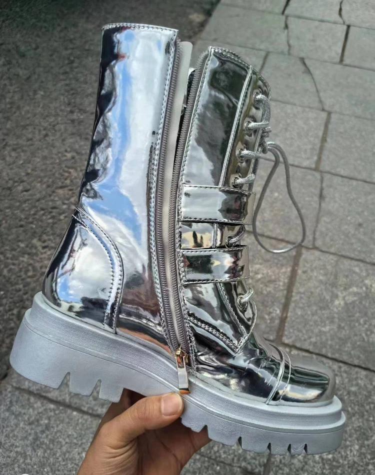 2026 Silver Belt Buckle Cross Strap Rhinestone Short Boots Casual Motorcycle Thick Sole Knight Boot Women Winter Silver Shoes