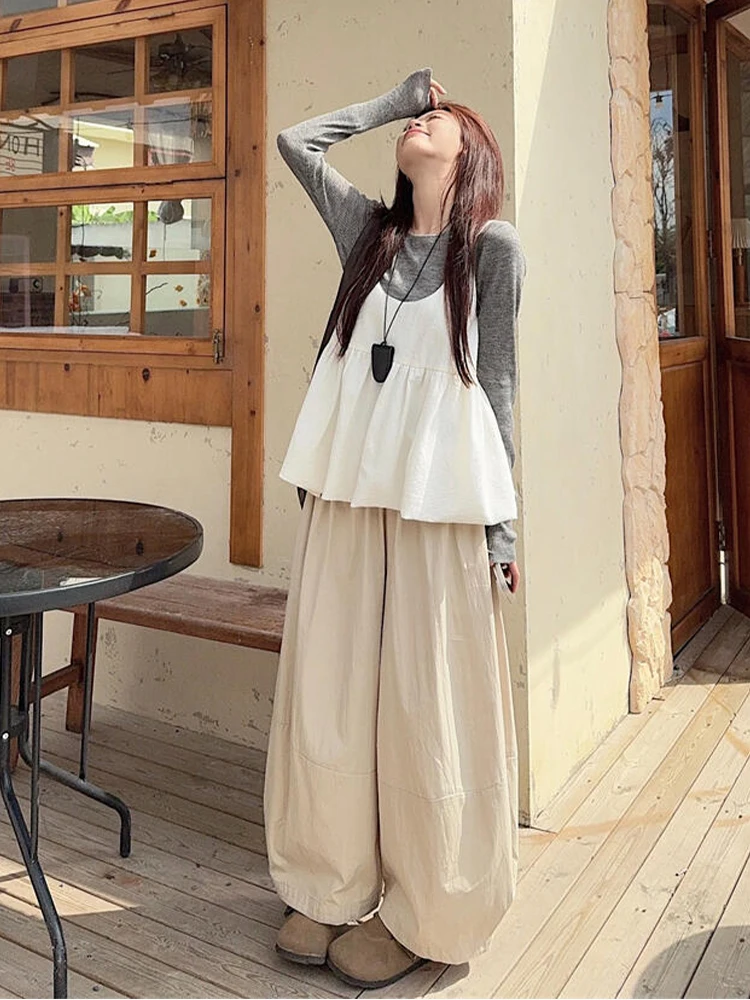 

Fall Fashion plus Size Three-Piece Set White Strap Grey Top Wide Leg Pants Korean Style Lazy Feelings Women's Clothing