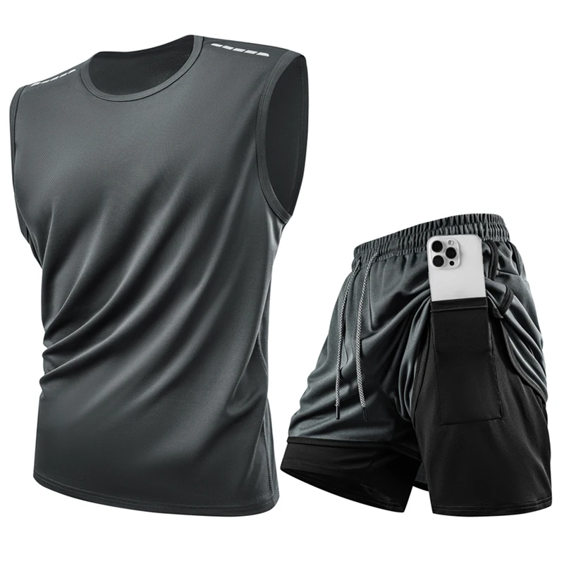 Conjuntos de regata refletivos para treino esportivo, ciclismo, corrida, ginástica, conjunto de roupa esportiva masculina de secagem rápida, conjunto 