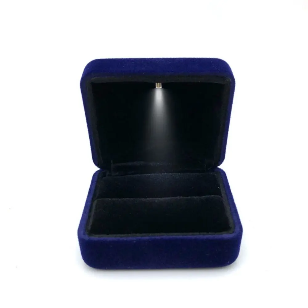 Velvet LED Ring Jewelry Box Square Shape Portable Ring Holder Case Solid Color Reusable LED Light Ring Display Case