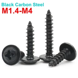 20-100pcs M1.4 M2 M2.3 M2.6 M3 M3.5 M4 M5 Mini Black Carbon Steel Phillips Pan Head Self Tapping Screws with Washer Small Screw