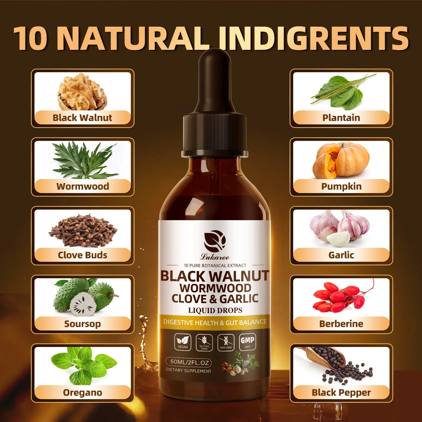 60ml Black Walnut Wormwood Drop with Clove Garlic Turmeric 98% Absorption,Rapid Gut Cleanse & Digestive Health Vegan Gluten-Free