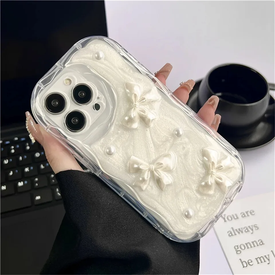 Cute Korean 3D Bow Pearl Phone Case For iPhone 16 15 14 13 12 11 Pro Max 14 Plus XS XR XS Max Shockproof Soft Cover