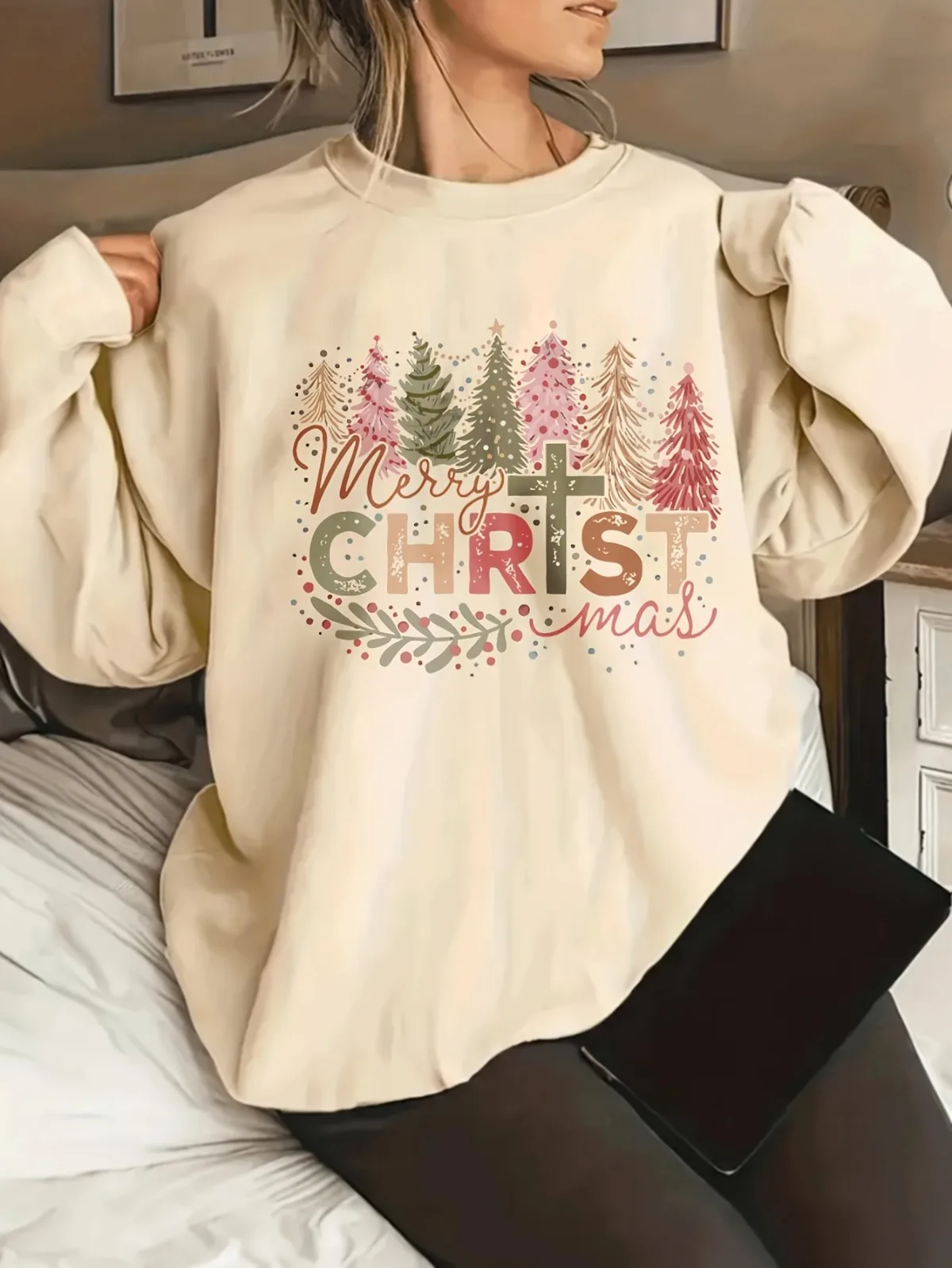 سويت شيرت نسائي كاجوال عصري من سلسلة عيد الميلاد بلوفر بنمط مطبوع مناسب لهدايا العطلات وقمصان الارتداء اليومي