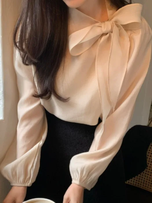 

Ele Long Sve irt Women's Faion Design Knot Bow Tie Anti-Aging French Sle Polyester Fiber Autumn New Ar...