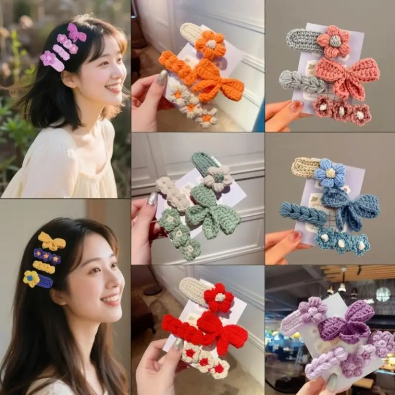 

4Pcs Cute Knit BB Hair Clips, Handmade Flower Border Clips,Bow Bang Clips For Kids,Suitable For Chrismas Festival Celebration