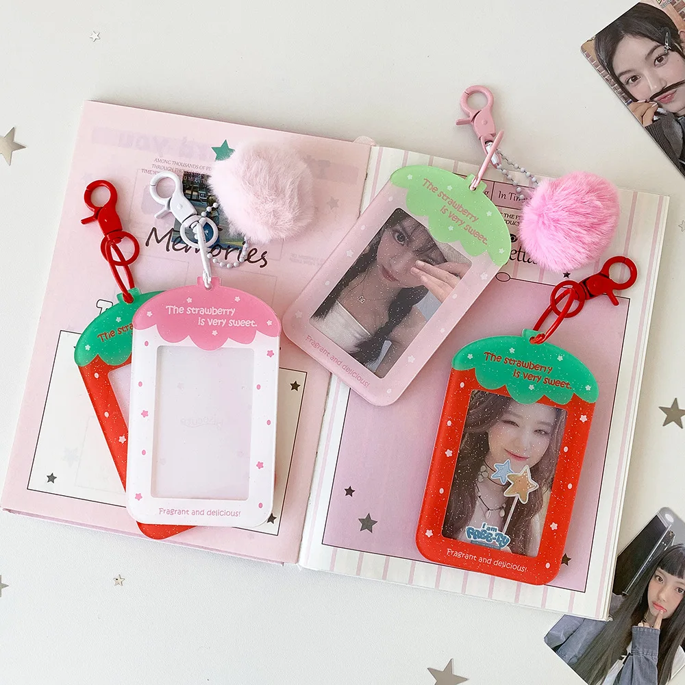 MINKYS 3 inch Transparent Clear Acrylic Strawberry Kpop Photocard Holder Photo Card Holder Bag Pendant School Stationery