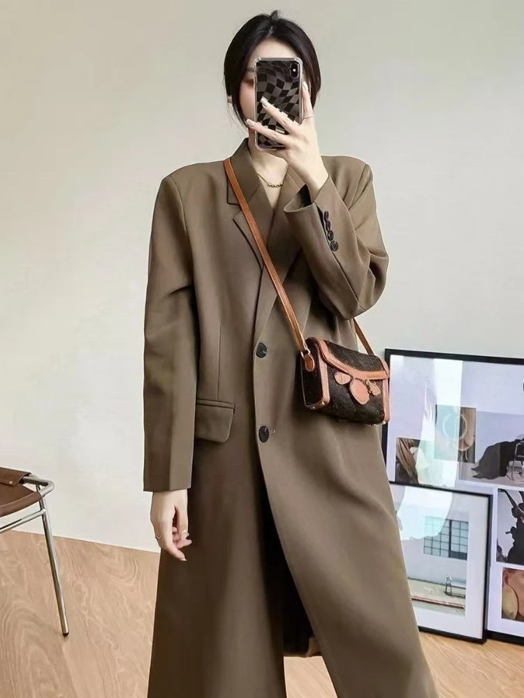 Chaqueta de traje larga informal holgada con una hilera de botones para mujer, gabardina negra de primera calidad para primavera y otoño, elegante, 2025