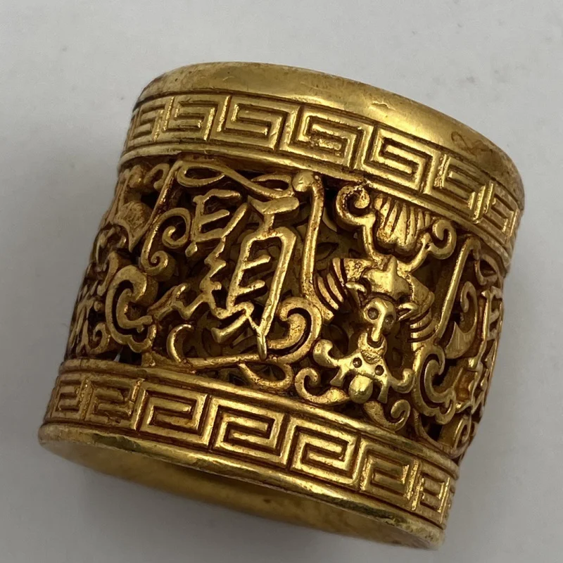 

Antique Craft Vintage Gold Ring Pure Copper 24K Gold Plated Men's Hollow Qianlong De Character Craft