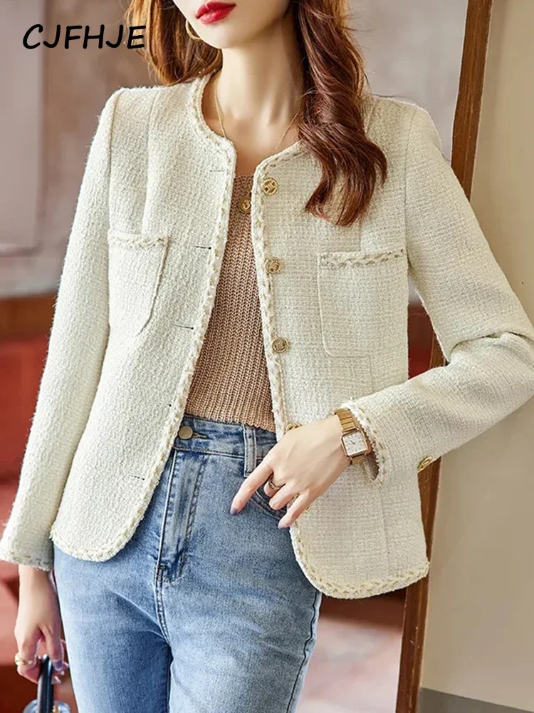 CJFHJE Ivory Fashion Metal Buttons Tweed Coats Women Vintage Long Sleeve Pockets Female Outerwear Black O-neck Elegant Blazers