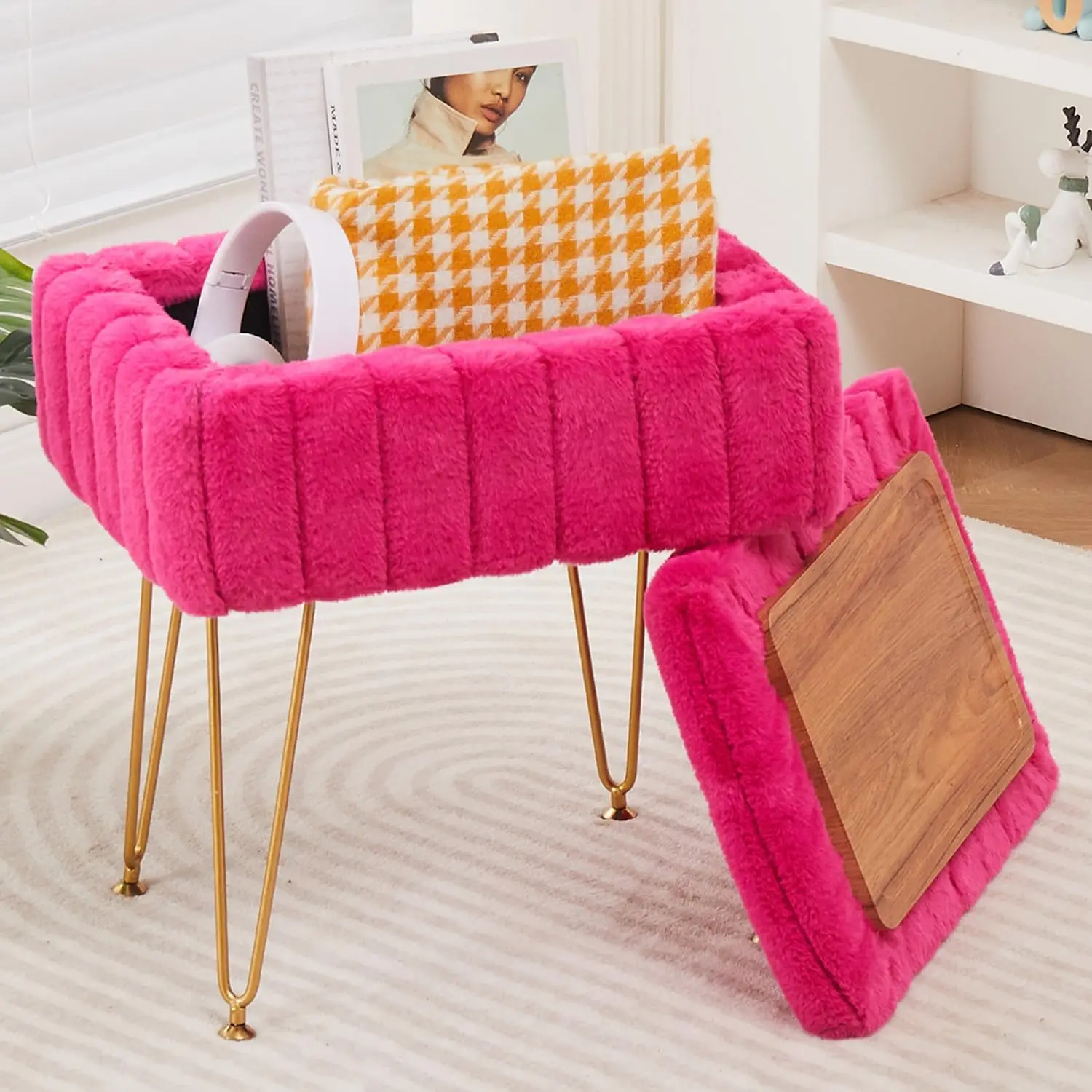 

Faux Mink Fur Storage Ottoman with Metal Legs, Soft Footstool Bench for Bedroom in Rose Red