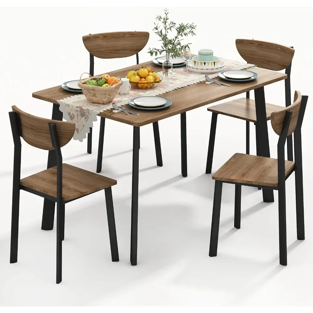 Dining Table Set for 4, Modern Rectangular 5 Piece Dining Room Table and Chairs Set, Wooden Metal Table Set