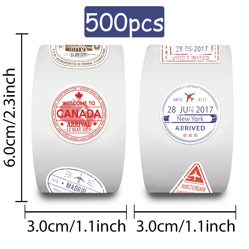500pcs Colorful Passport Stamps Roll Stickers Decals For Phone Notebook Luggage Skateboard Guitar DIY Cartoon Aesthetic Stickers