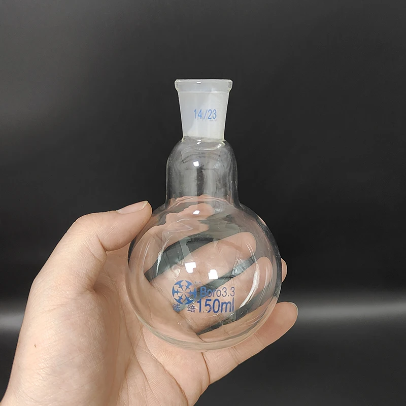 Boca padrão única Frasco de fundo redondo, 5ml-100ml-250ml e junta 14 23, vidro borosilicato