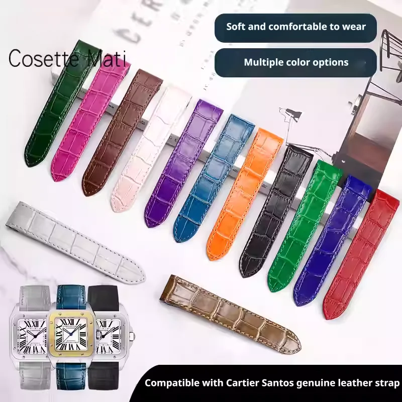 Top Layer of Cowhide Leather Strap for Cartier Santos Bamboo Patterned Genuine Leather Watchband