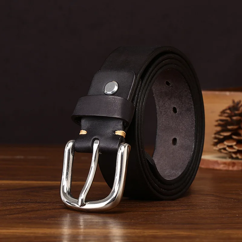 3.3cm Washed Retro First Layer Cowhide Stainless Steel Belt Buckle Men's Genuine Leather Pin Buckle Casualjeans Belt for Men
