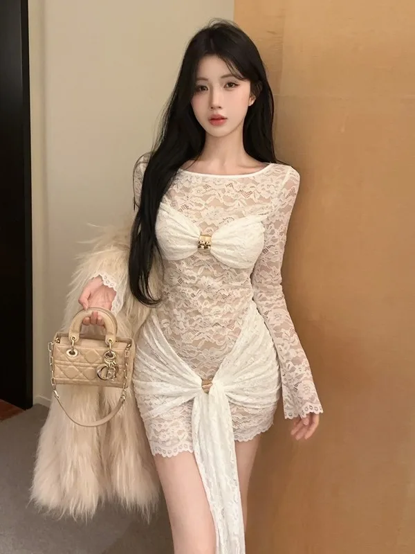 

Sexy Pure Desire Lace Trim Belted ort Skirt Long Sve Base Dr Attractive Lady Busin Casual Winter Faion Women's D...