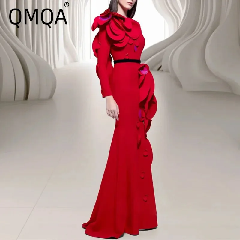 QMQA Fashion Women's Evening Dresses Three Dimensional Petal Spliced Long Sleeve High Waist Slimming Banquet Dress 2025 New QM72