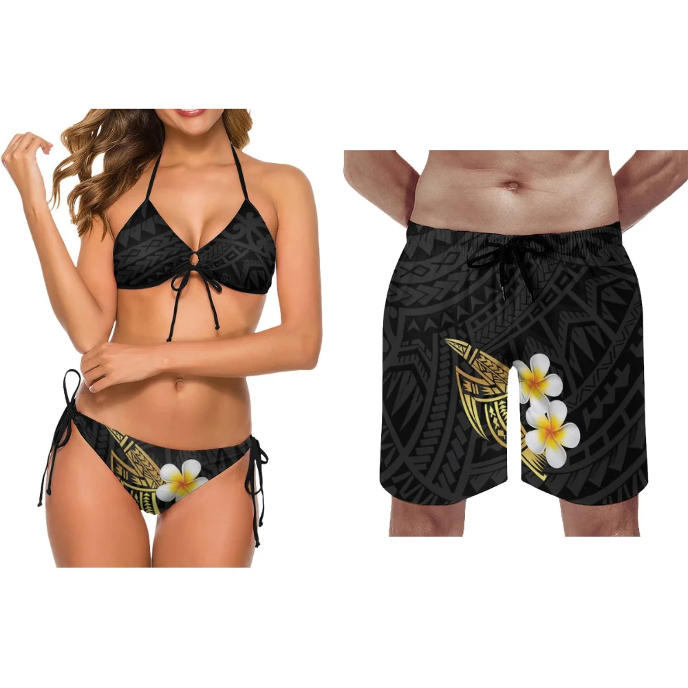 

Hawaiian Custom-Made Printed Lace-Up Women'S Sexy Halter Couple Set Polynesian Beach Resort Hot Spring Couple Bikini Style