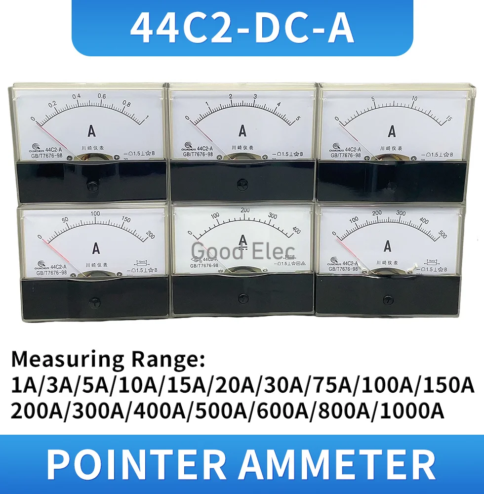 44C2 DC amperímetro ponteiro de painel analógico amperímetro DC 1A 3A 5A 10A 15A 20A 30A 50A 75A 100A 150A 300A 450A 500A Amperímetro