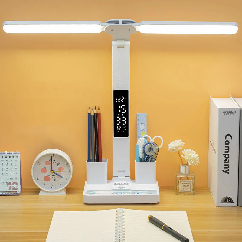 

Rechargeable LED Touch Dimming Table Lamp Reading Eye Protection Double Head Desk Lamp Folding With Time Date Bedside Night Lamp