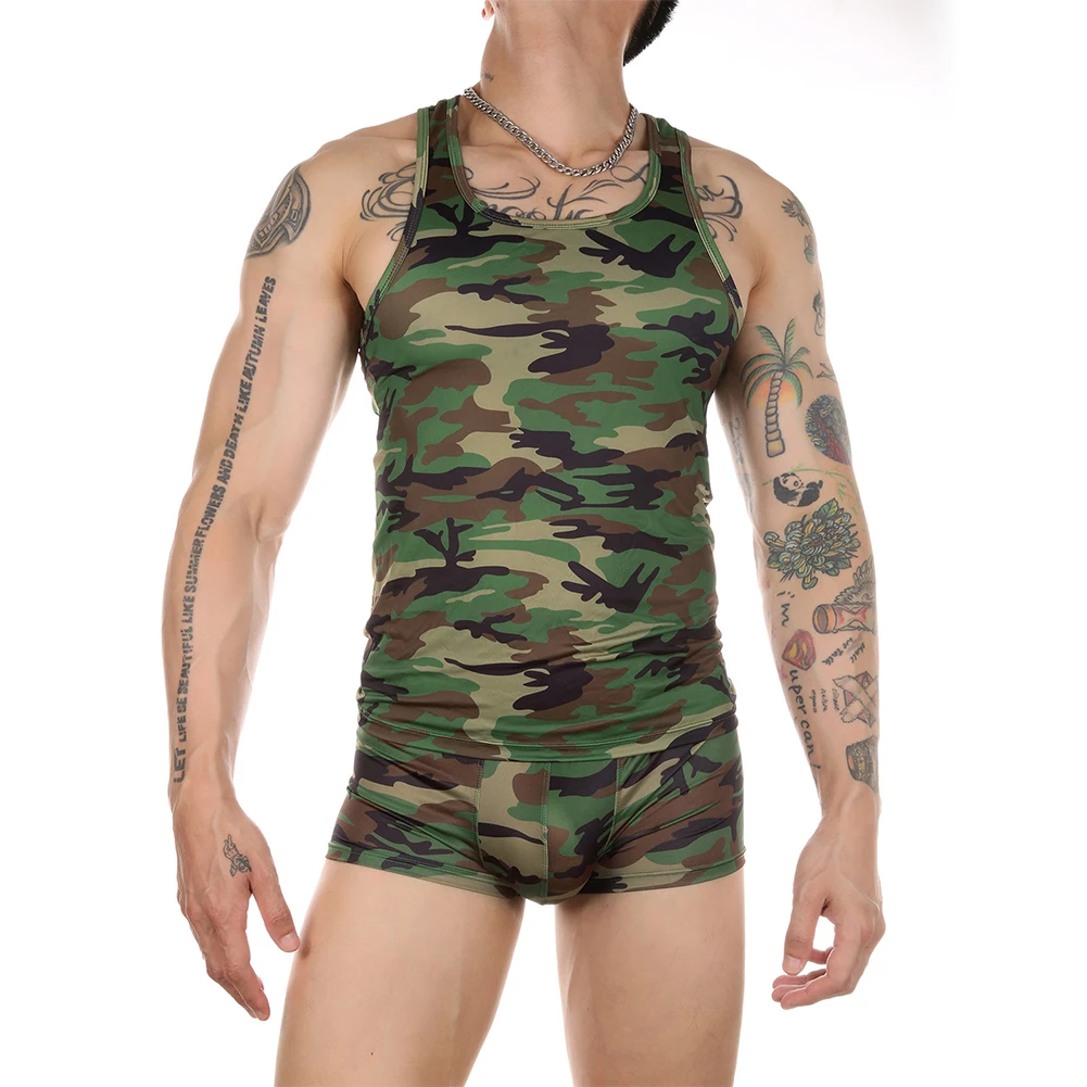 Mens Briefs Camo Print Men\\\'s Underwear Set Includes Vest and Low Waist Trunks in Pouch Style 4 Sizes Available