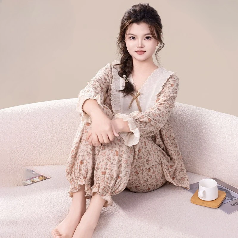 Women's Spring Autumn French Vintage Small Floral 100% Cotton Gauze Pajama Set Custom Lace Ruffled Collar Long Sleeve Home Wear