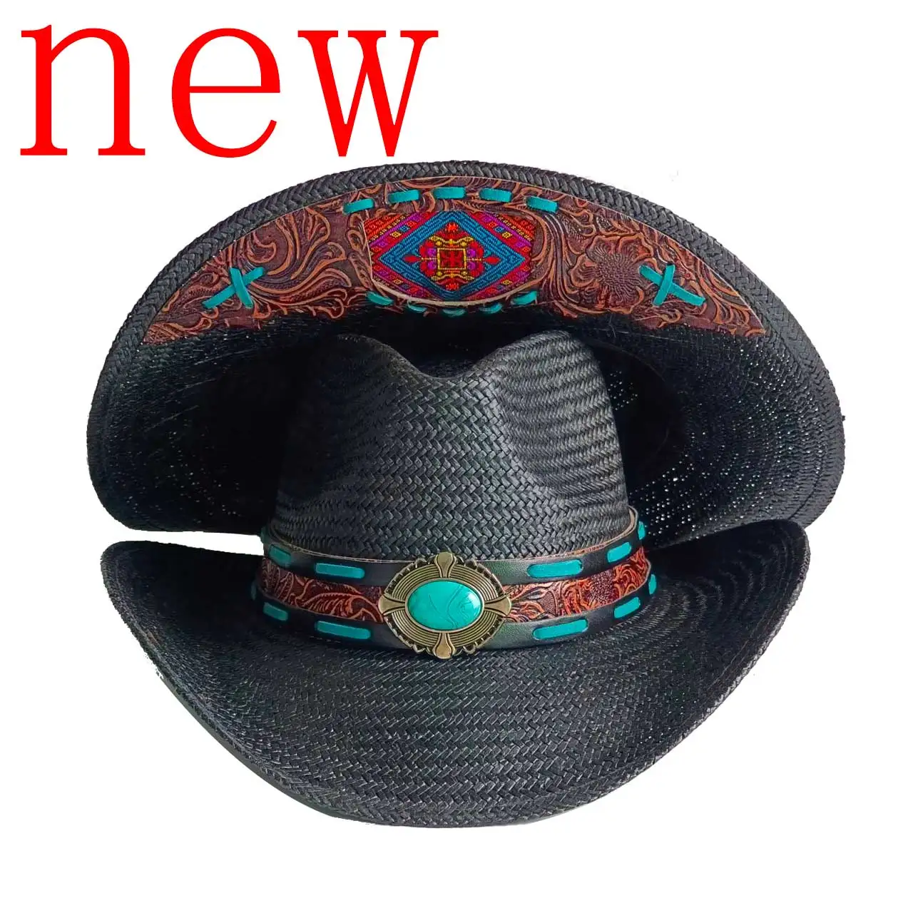 2026 New western cowboy hat Turquoise Leather Accessories with a studs and pendant Ranch Hat cowboy hat kapelusz kowbojski