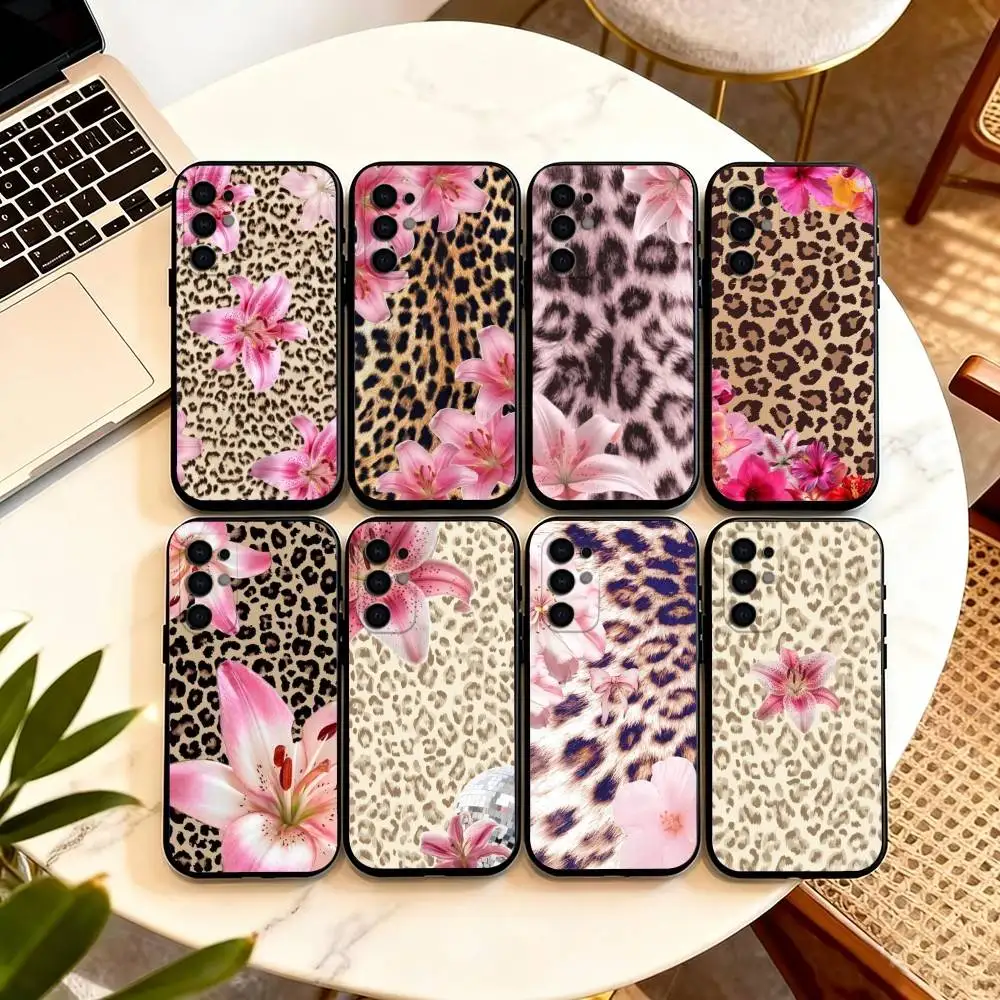 Leopard Print Elegant Lily Flower  Phone Case Black Silicone Soft For Samsung S25,S24,S21,S22,S23,S30,Ultra,S20,Plus,Fe,Lite