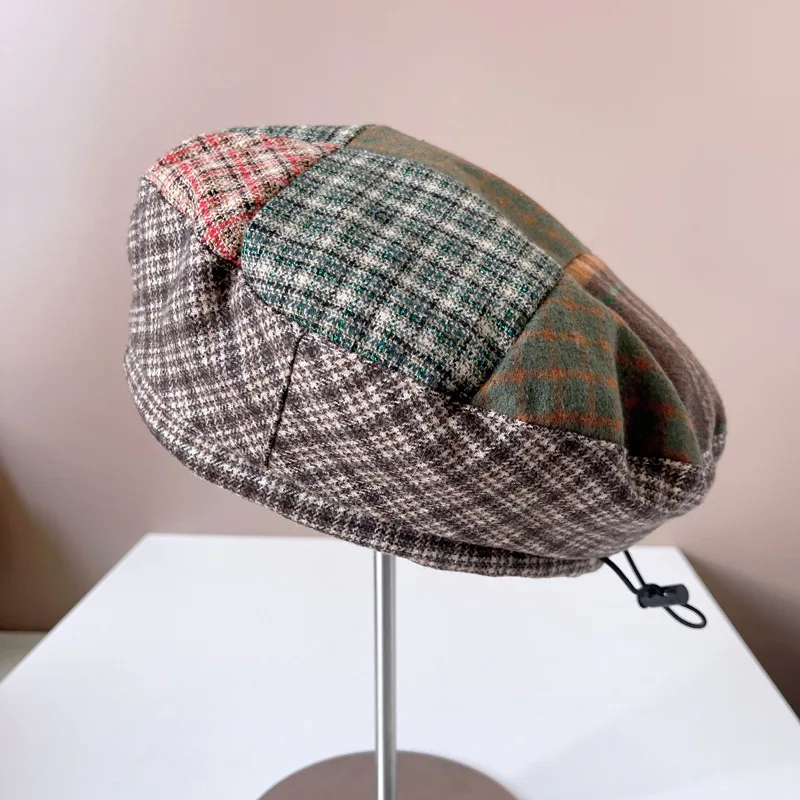 Retro Plaid Splicing Beret Wool Octagonal Cap Warm Newsboy Cap Street Painter Hat Retro Forward Cap England Plaid Hat