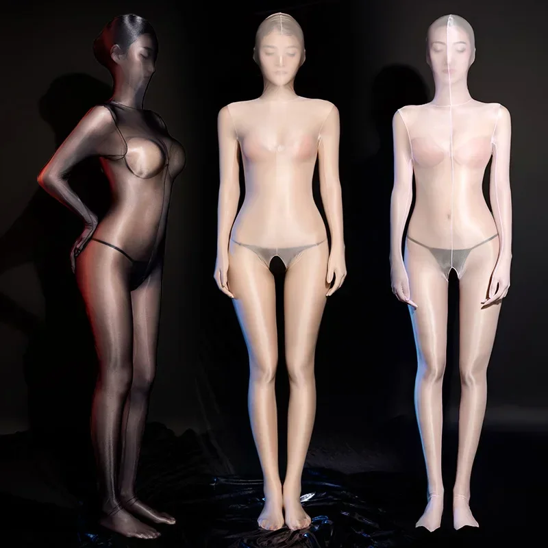 مثير النفط لامعة ارتداءها غطاء رئيس Cocoons كامل الجسم جوارب شير انظر من خلال خمسة أصابع قفاز ضيق مفتوح المنشعب يوتار