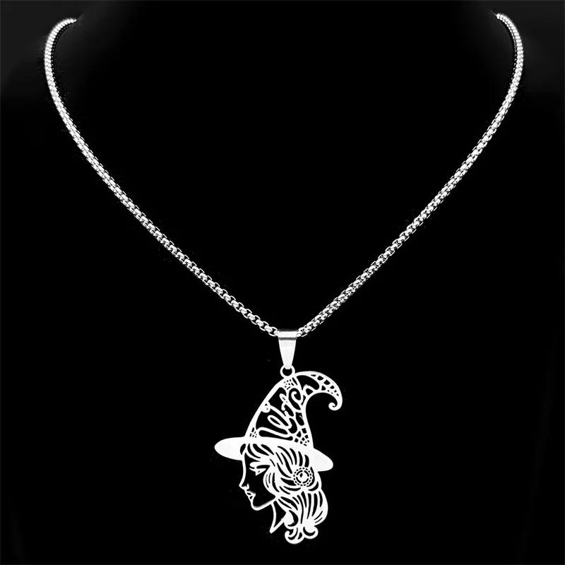 Witch Head Hollow Flower Necklace Earring Set For Women Men Stainless Steel Black Color Witchcraft Halloween Jewelry Gifts