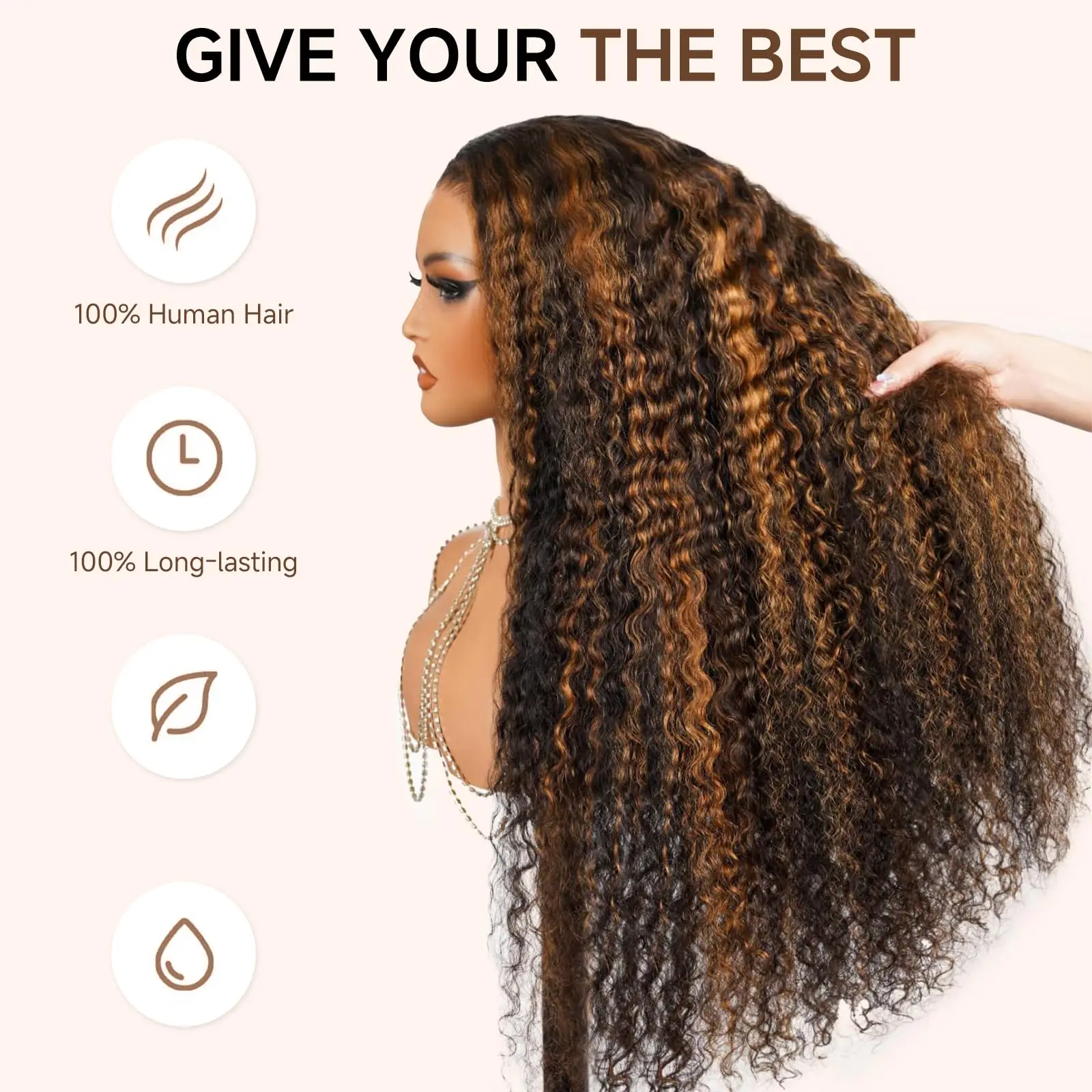 1B/30 Highlighted, Deep Waves, Glue Free Wig with Lace Front, Human Hair, Ready to Wear, Pre Cut Human Hair, Highlighted Curly Human Hair Wig