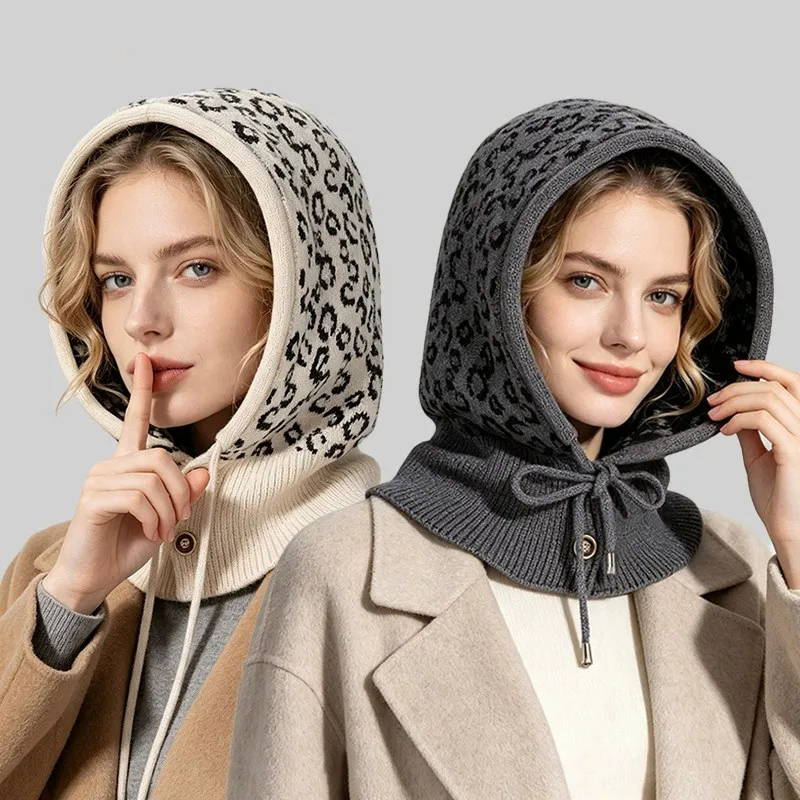 Leopard Print Balaclava Hat Women Winter Knitted Hoodie Beanie Neck Scarf One-Piece Casual Versatile Knit Wind-proof Caps