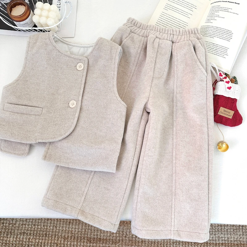 Girl's Suit Winter New Korean Girl's Small Fragrance Beautiful Solid Color Vest + Trousers Two-piece Set  Girl Clothes