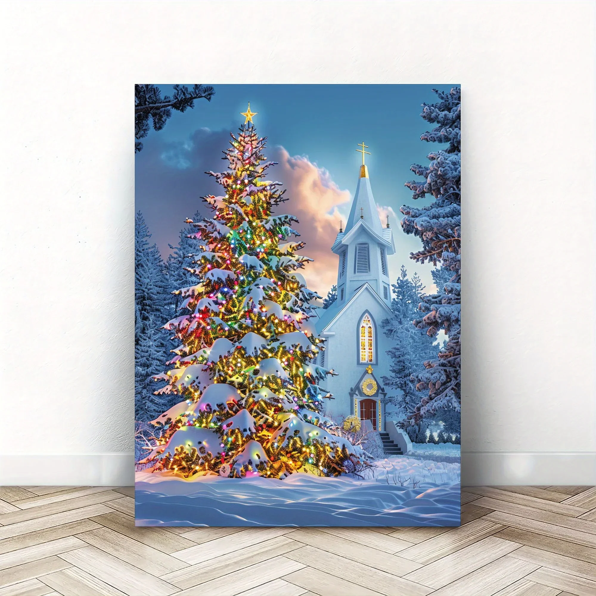 Seasonal Holiday Wall Art Christmas Tree and Church Scene Perfect for Thanksgiving Christmas Mardi Gras Party Wall Decorations