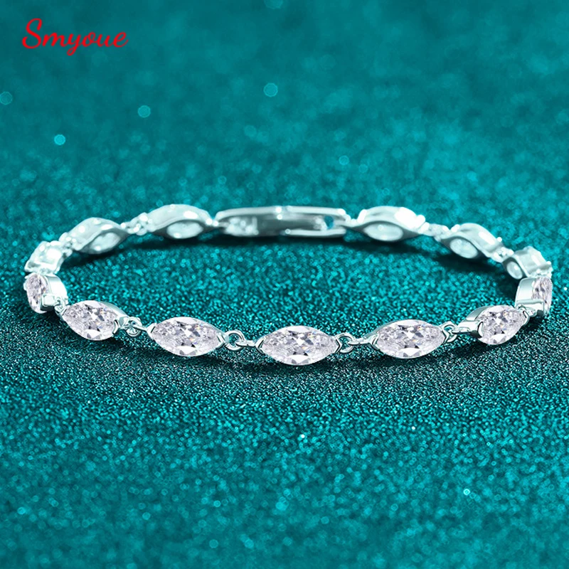 Smyoue 14 To 18.5CM Marquise Cut Moissanite Tennis Bracelet for Women Men Pass Diamond Tester Pure 925 Silver Chain Gift for Her