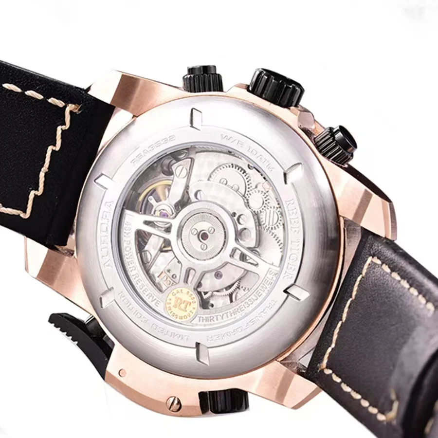 ساعة ميكانيكية للرجال من ريفتايجر، أوتوماتيكية بالكامل متعددة الوظائف بتقويم مزدوج، ساعة رجال الأعمال، ساعة رجالية RGA3503