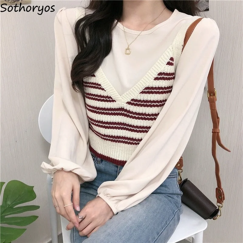 Striped Sweater Vests Women Tender Vintage Spaghetti Strap Sleeveless Jumpers Female Cropped V-neck Knitwear Slim Fit Elegant OL